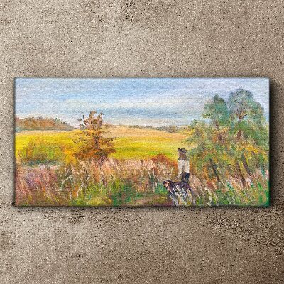 Foto op canvas Zomerlandschap met een figuur en een hond