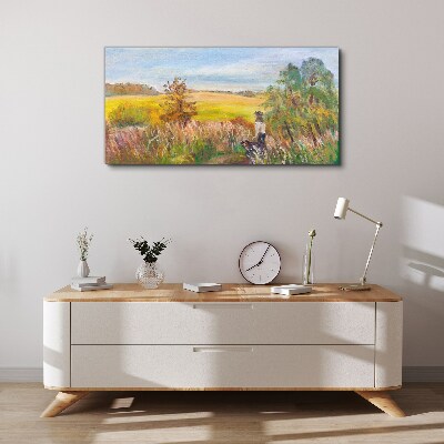 Foto op canvas Zomerlandschap met een figuur en een hond