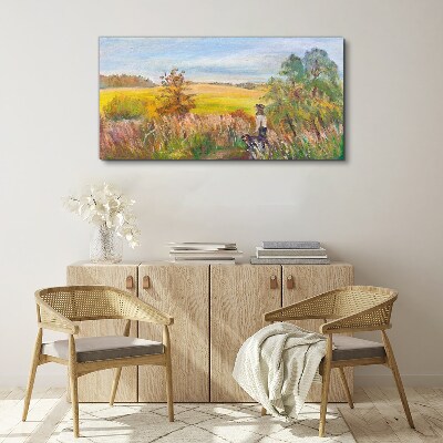 Foto op canvas Zomerlandschap met een figuur en een hond