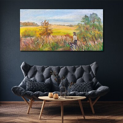 Foto op canvas Zomerlandschap met een figuur en een hond