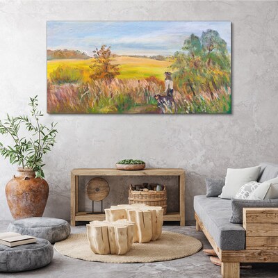 Foto op canvas Zomerlandschap met een figuur en een hond