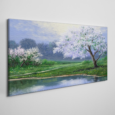 Canvas schilderij Lentelandschap met bloeiende bomen