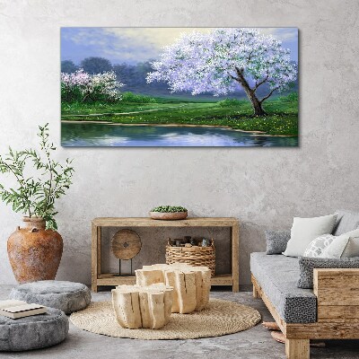 Canvas schilderij Lentelandschap met bloeiende bomen