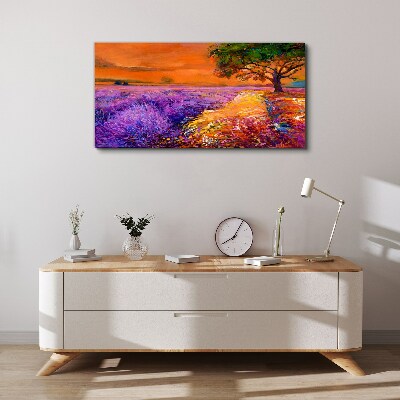 Schilderij op doek Lavendelvelden in de zonsondergang