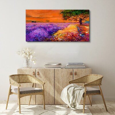 Schilderij op doek Lavendelvelden in de zonsondergang