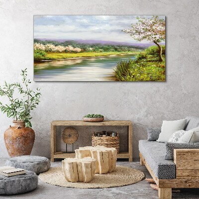 Canvas schilderij Lentelandschap aan de rivier