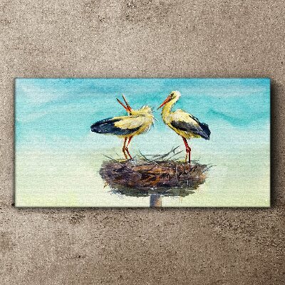 Canvas schilderij Ooievaars op een nest in het blauw