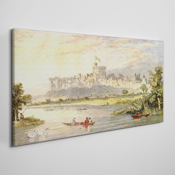 Canvas schilderij Een kasteel aan de rivier in pastelkleuren