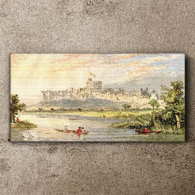 Canvas schilderij Een kasteel aan de rivier in pastelkleuren
