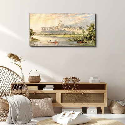 Canvas schilderij Een kasteel aan de rivier in pastelkleuren