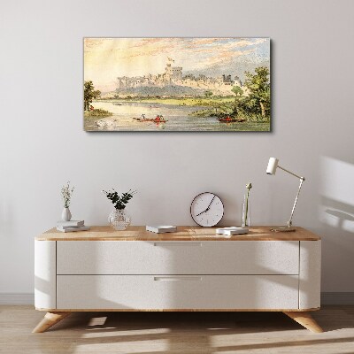 Canvas schilderij Een kasteel aan de rivier in pastelkleuren