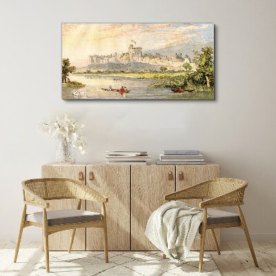 Canvas schilderij Een kasteel aan de rivier in pastelkleuren