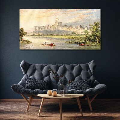 Canvas schilderij Een kasteel aan de rivier in pastelkleuren