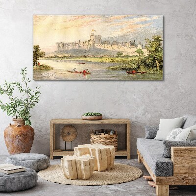 Canvas schilderij Een kasteel aan de rivier in pastelkleuren