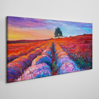 Schilderij op doek Landschap van lavendelvelden bij zonsondergang