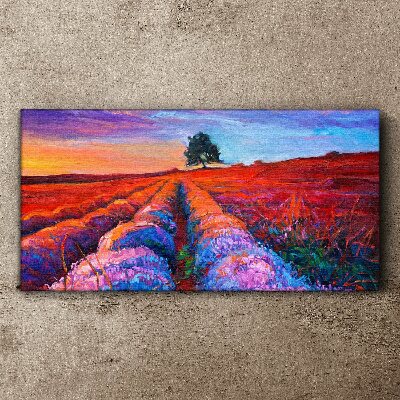 Schilderij op doek Landschap van lavendelvelden bij zonsondergang