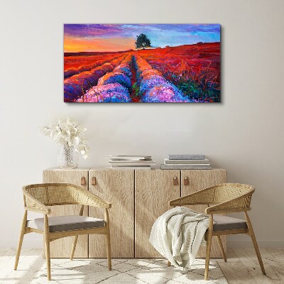 Schilderij op doek Landschap van lavendelvelden bij zonsondergang