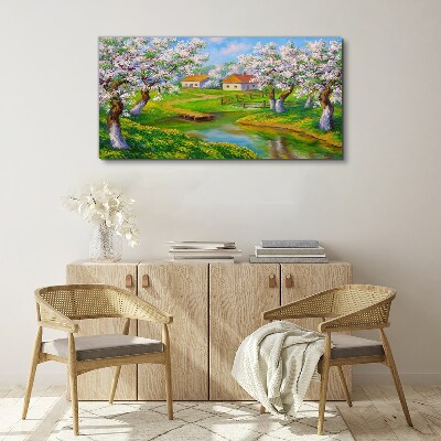 Foto op canvas Lentelandschap met bloeiende bomen