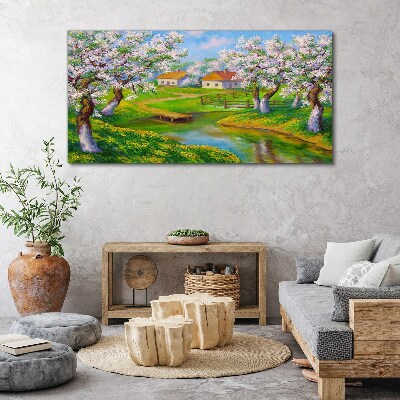 Foto op canvas Lentelandschap met bloeiende bomen
