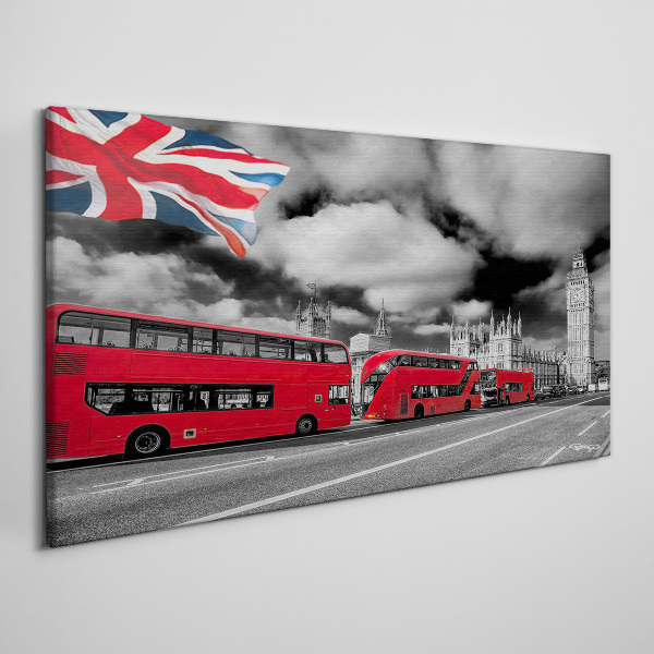 Canvas schilderij Rode Londense bussen met de Britse vlag
