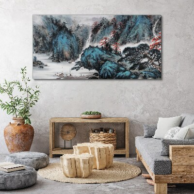 Foto op canvas Een vredig berglandschap met een waterval
