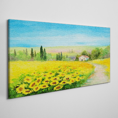 Foto op canvas Zonnebloemen tegen een blauwe lucht