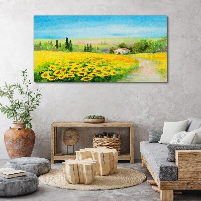 Foto op canvas Zonnebloemen tegen een blauwe lucht