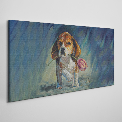 Canvas schilderij Een hond met een roos tegen de lucht
