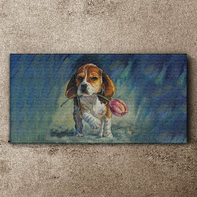 Canvas schilderij Een hond met een roos tegen de lucht