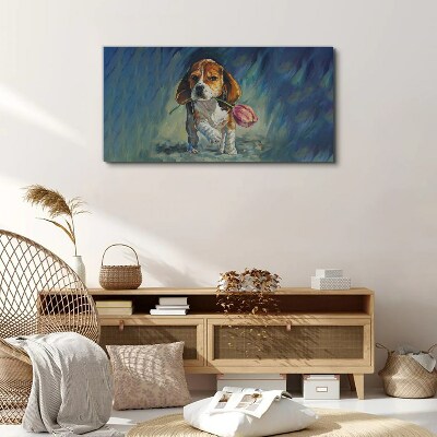 Canvas schilderij Een hond met een roos tegen de lucht