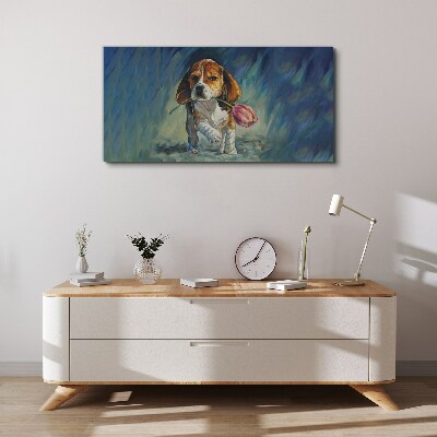 Canvas schilderij Een hond met een roos tegen de lucht