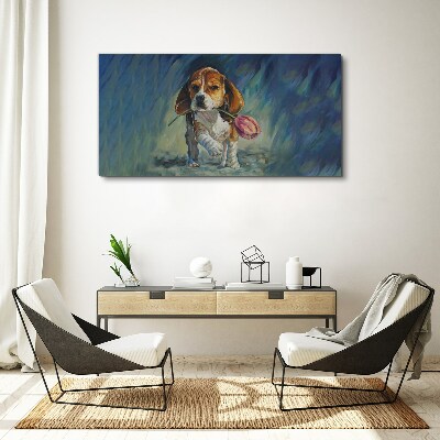 Canvas schilderij Een hond met een roos tegen de lucht