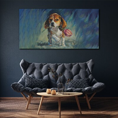 Canvas schilderij Een hond met een roos tegen de lucht