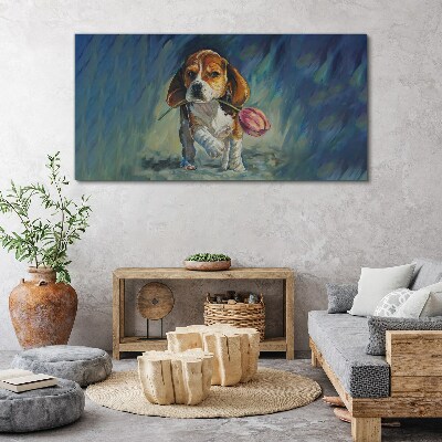 Canvas schilderij Een hond met een roos tegen de lucht