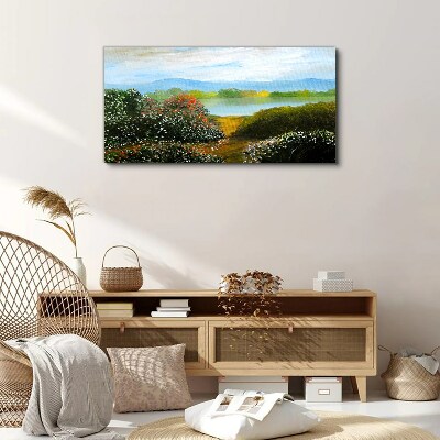Foto op canvas Landschap met bloeiende struiken
