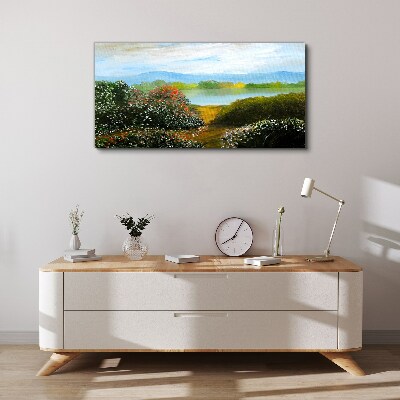 Foto op canvas Landschap met bloeiende struiken