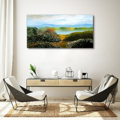 Foto op canvas Landschap met bloeiende struiken