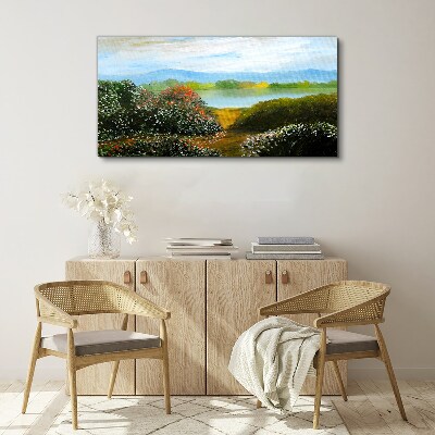 Foto op canvas Landschap met bloeiende struiken