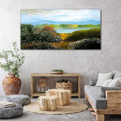 Foto op canvas Landschap met bloeiende struiken