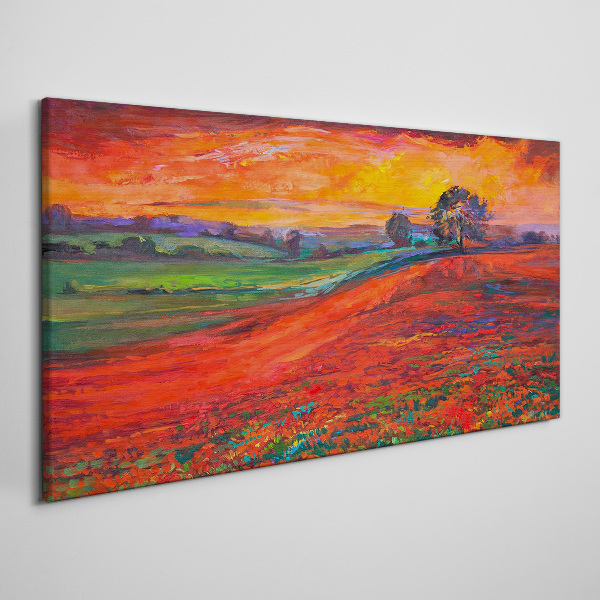 Canvas schilderij Zonsondergang boven een rood veld
