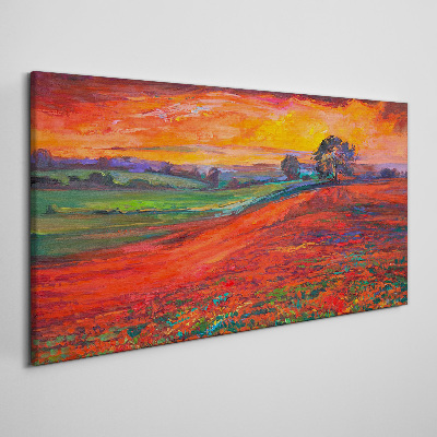 Canvas schilderij Zonsondergang boven een rood veld