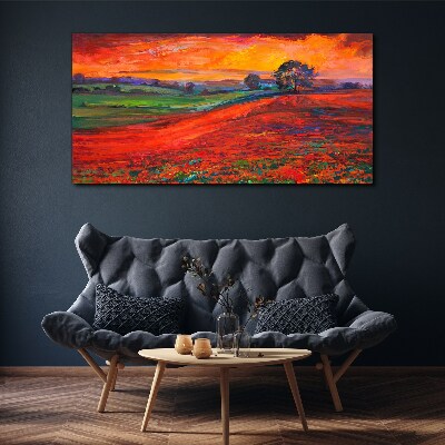 Canvas schilderij Zonsondergang boven een rood veld