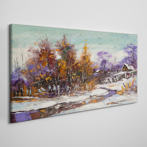 Canvas schilderij Winterlandschap met een huis in het bos