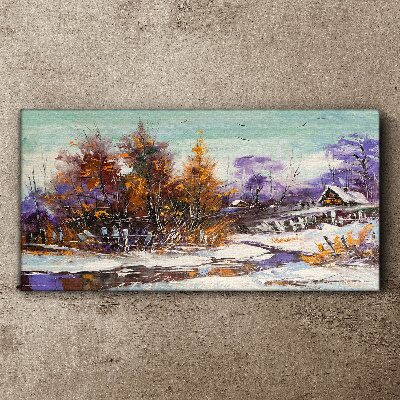 Canvas schilderij Winterlandschap met een huis in het bos