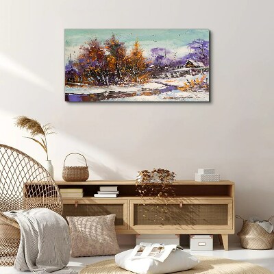 Canvas schilderij Winterlandschap met een huis in het bos