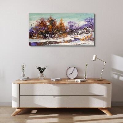 Canvas schilderij Winterlandschap met een huis in het bos