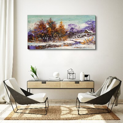 Canvas schilderij Winterlandschap met een huis in het bos
