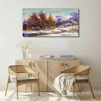 Canvas schilderij Winterlandschap met een huis in het bos