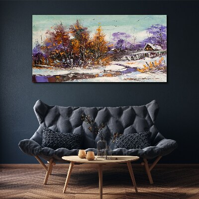Canvas schilderij Winterlandschap met een huis in het bos