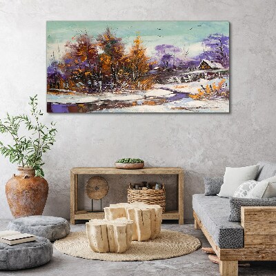 Canvas schilderij Winterlandschap met een huis in het bos